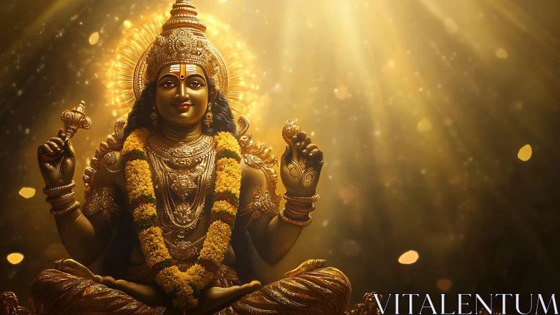 Golden Hindu deity statue glows under radiant sunbeams