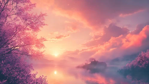 Dreamy pink dawn over a tranquil misty lakeside landscape.