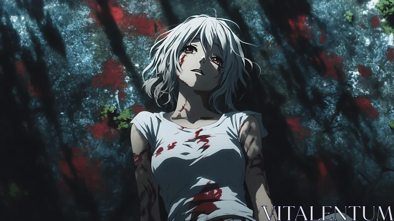 Wounded moon-haired girl listens to shadows breathing above