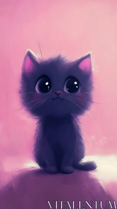Cute Black Cat with Large Eyes on Pink Background