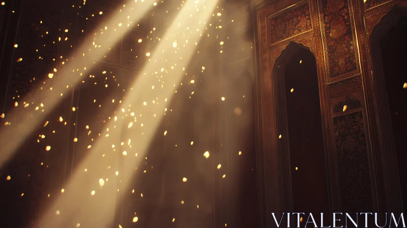 Golden light rays through dust in ornate arched interior.