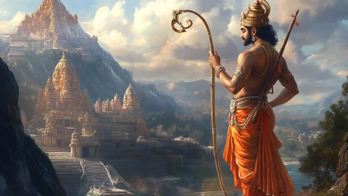 Warrior deity overlooking monumental temple city landscape.