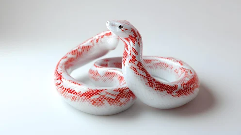 Striking white and red snake on white background, minimalist style.