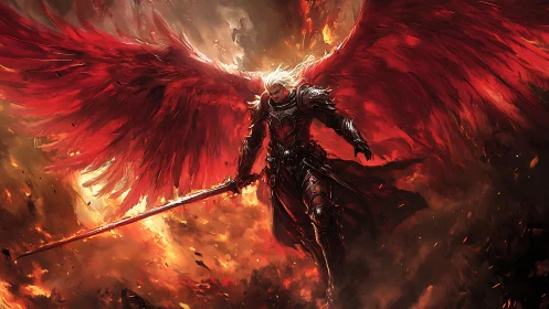 Armored winged warrior in red amid intense fiery sky.