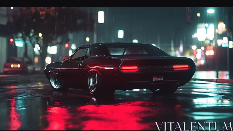 Muscle car glows on neon-soaked rainy city street at night.