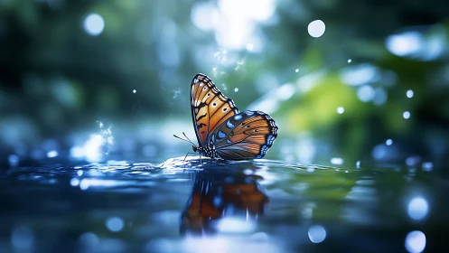 Orange butterfly rests on reflective water under soft bokeh light