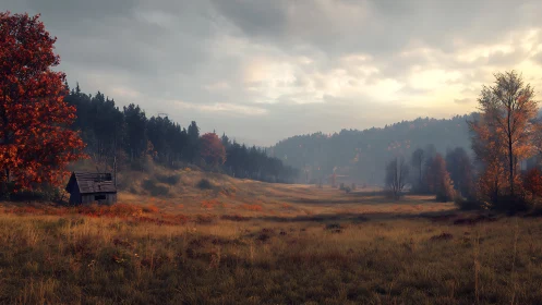 Autumn meadow under overcast sky with misted forested hills receding