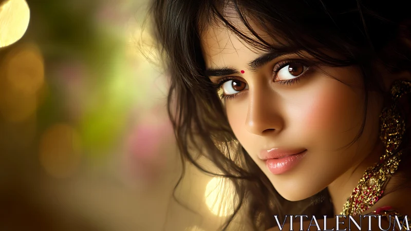 Warm bokeh lights frame a poised, jewel-toned portrait.