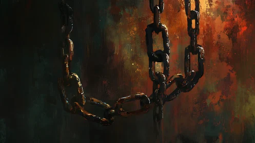 Heavy hanging metal chains on dark textured background.
