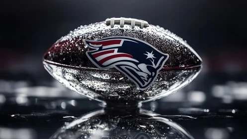 Wet American football with stylized patriot logo rests on turf