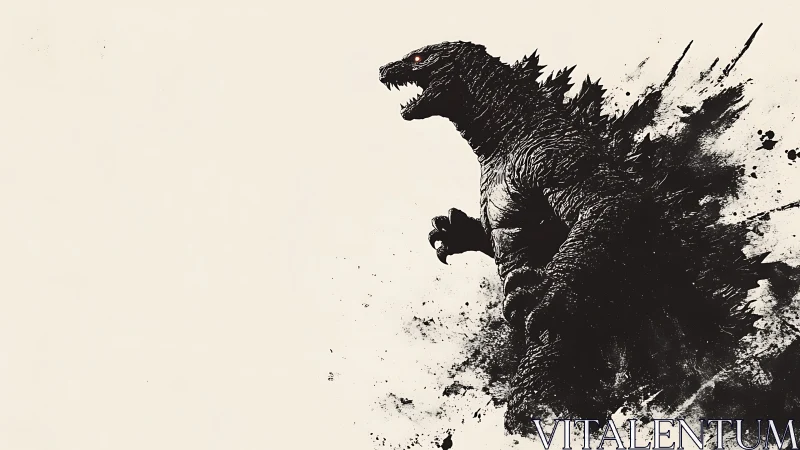 Monochrome kaiju silhouette erupting from ink-splatter field.