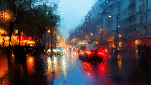 Rainy city street traffic with blurred colorful night lights.