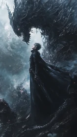 Calm hero meeting a swirling shadow dragon in misty night.