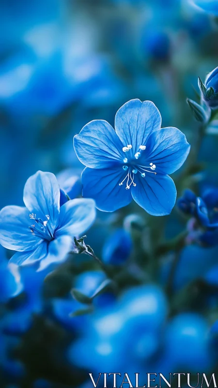 Delicate blue flowers in soft focus garden.