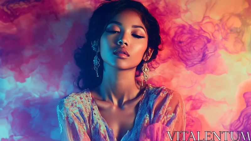 Cinematic portrait with bokeh-like floral gradients and rim lighting