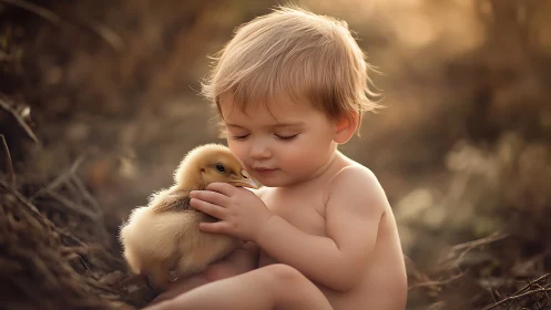 Young child holding duckling in outdoor setting.