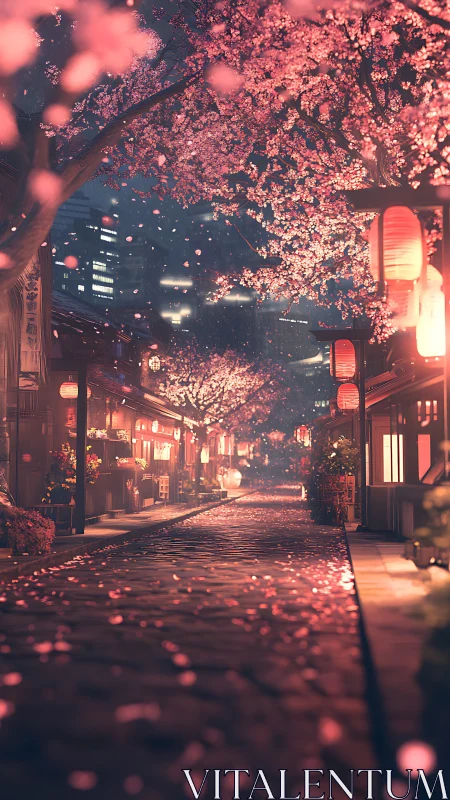 Cherry blossom alley glowing under lantern-lit night rain.