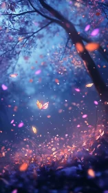 Luminous particle leaves in a depth‑of‑field twilight forest.