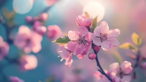 Pink Cherry Blossoms Glowing in Soft Bokeh Light.