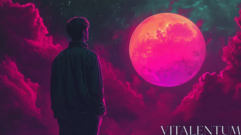 Stargazing soul pauses beneath a glowing neon pink moon