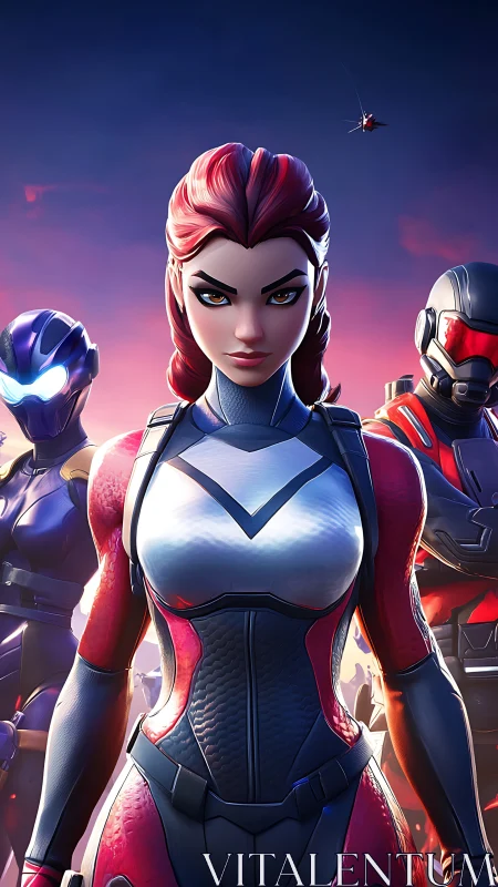 Armored red haired heroine leading futuristic squad.