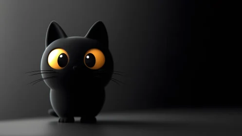 Cute Cartoon Black Cat with Big Yellow Eyes on Dark Background.