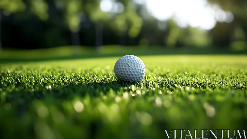 Golf ball in shallow-focus sunlight on manicured fairway.