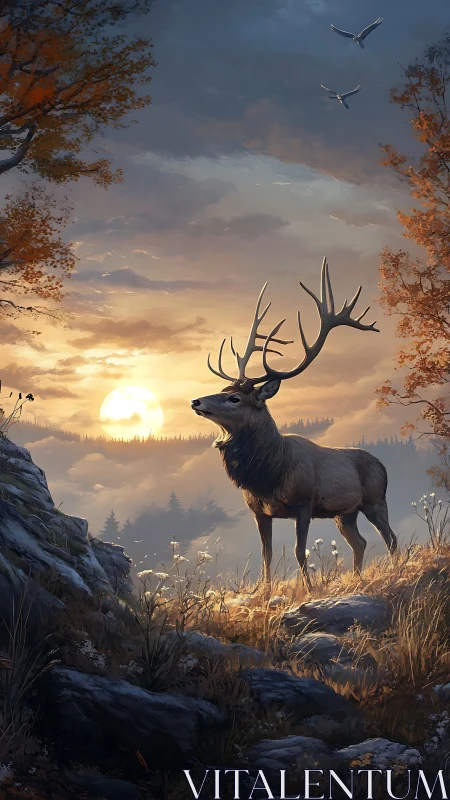 Stag stands on rocky hillside during warm sunset in autumn