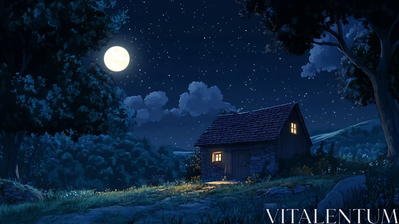 Moonlit stone cabin sits in a quiet forest clearing at night