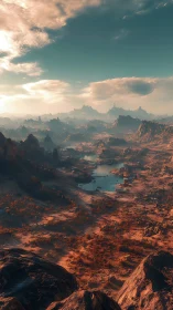 Alien desert valley under cyan sky and scattered lakes.