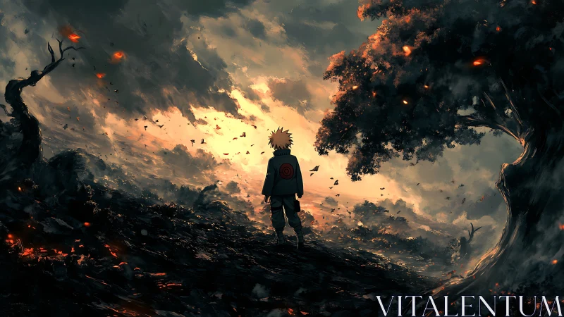 Solitary figure in burning landscape under turbulent sky.