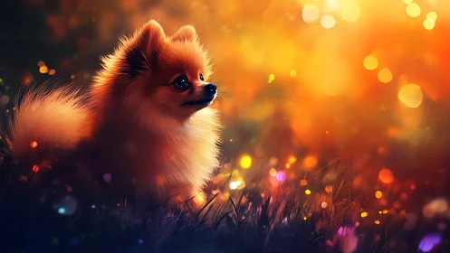 Small long-haired dog in grass with warm bokeh light.