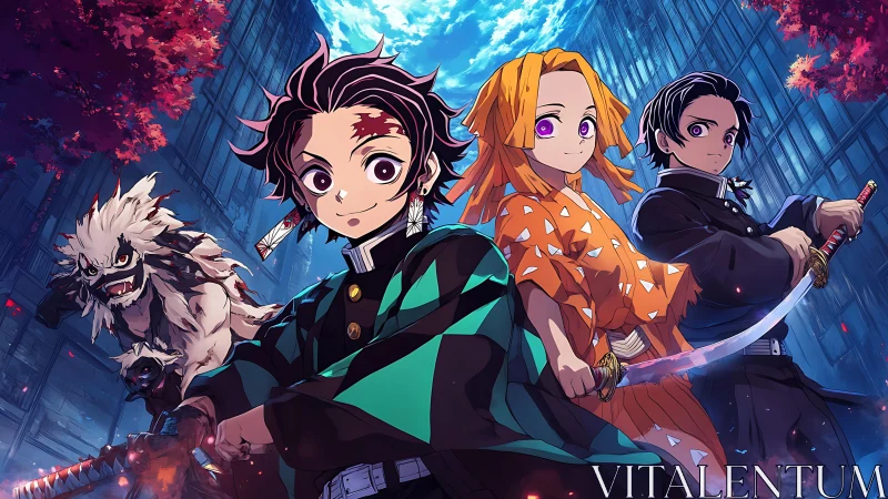 Four stylized sword users stand aligned in an urban canyon