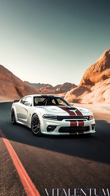 White muscle car with red stripes on desert highway.