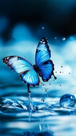 High-saturation blue butterfly captured in dynamic water splash