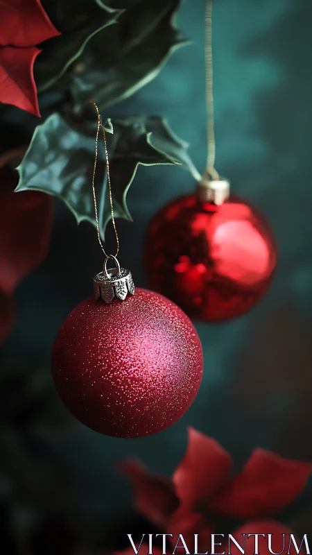 Red Christmas ornaments with holly on dark teal background.