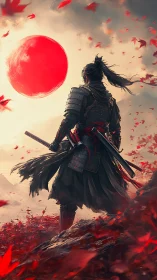 Armored swordsman observing red sun over leaf-strewn slope.