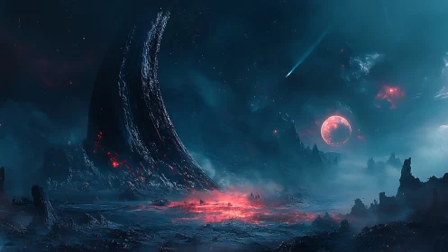 Hostile alien landscape with crescent monolith and red moon.