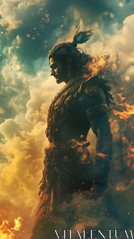 Mythic armored figure in clouds with fire elements profile.