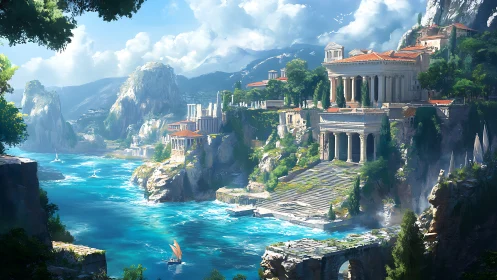 Sunlit cliffside temples above a myth-bright turquoise sea.