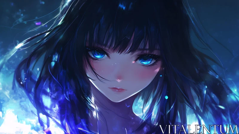 Blue-eyed girl stands amid glowing ethereal light shards