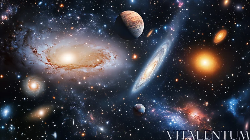 Digital composite shows multiple galaxies and isolated planets