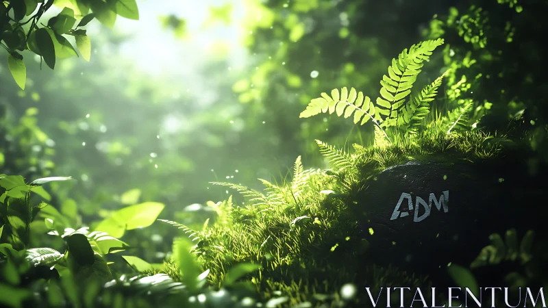 Sunlit forest fern and moss on rock with ADM text focus.