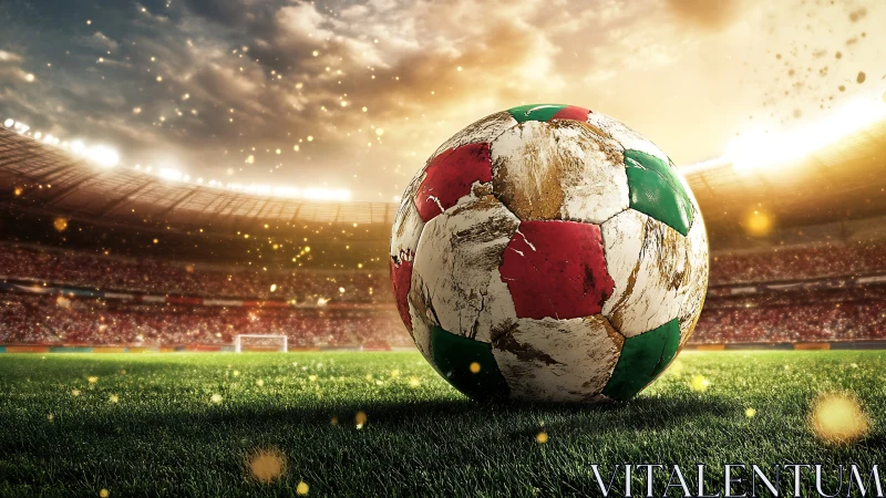 Weathered soccer ball under stadium lights at sunset.