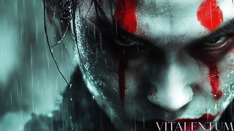 Brooding clown-faced figure glares through driving rain.