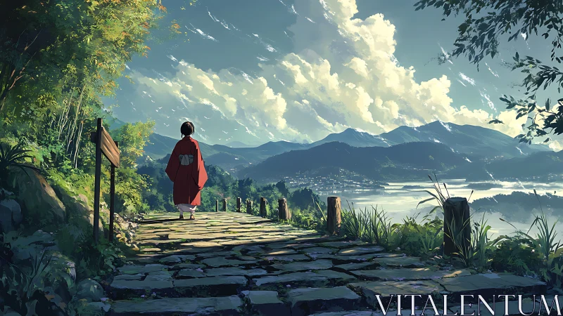 Person in red kimono walks stone path above misty valley