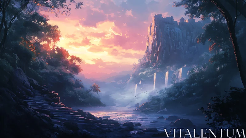 Sunlit cliffside fortress overlooks misty river valley at dusk
