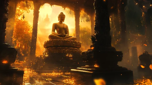 Sunlit Buddha statue sits amid ornate pillars and foliage