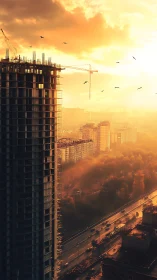 High rise construction silhouette in golden urban sunset.