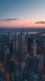 Twilight city skyline glows as office towers meet sunset.